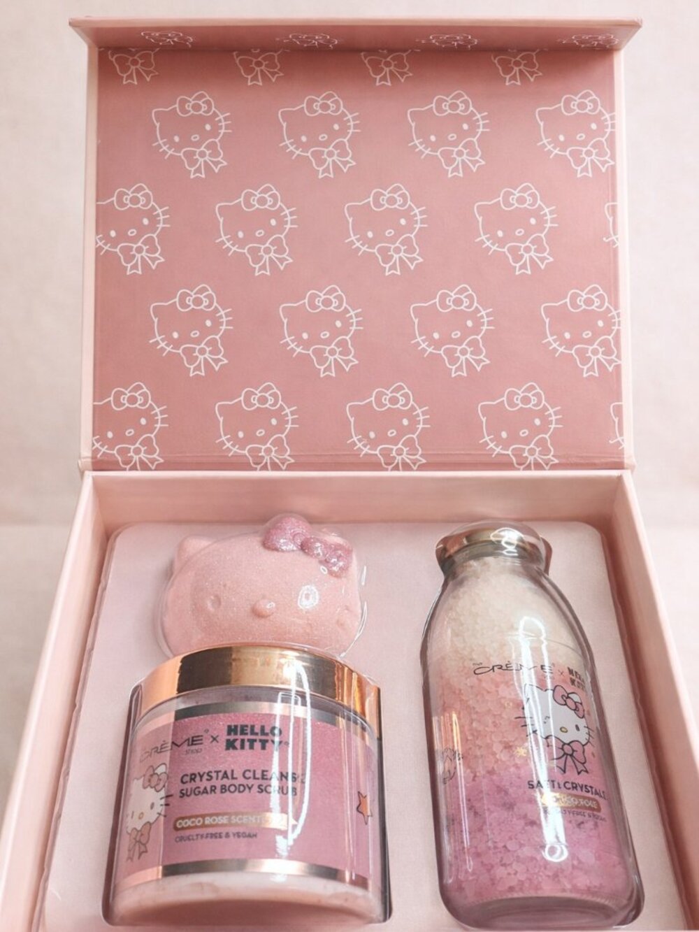 Hello Kitty x The Crème Shop Coco Rose Bath Set – Scrub, Crystals, Bath Bomb NIB